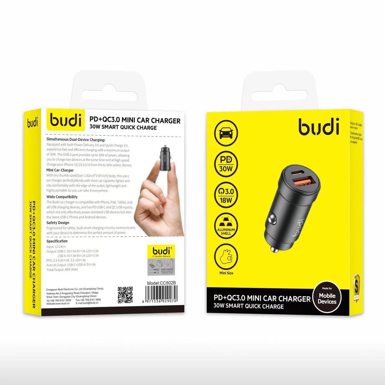 Budi - PD+QC3.0 Mini Car Charger - 30W Smart Quick Charge, 2 Ports (USB-A and USB-C)